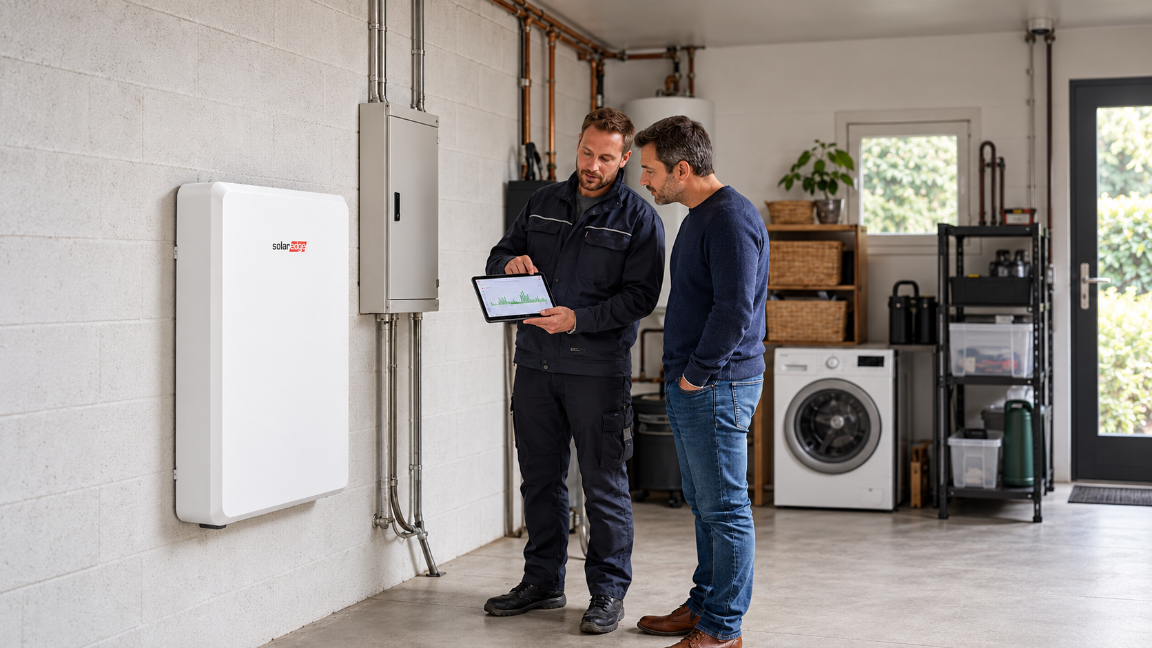 Installateur en bewoner bekijken energiegegevens op een tablet naast een thuisbatterij in een garage